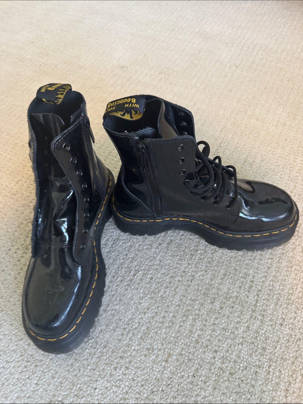 Dr. Martens Black Patent Lace-Up Boots with Yellow Stitching
